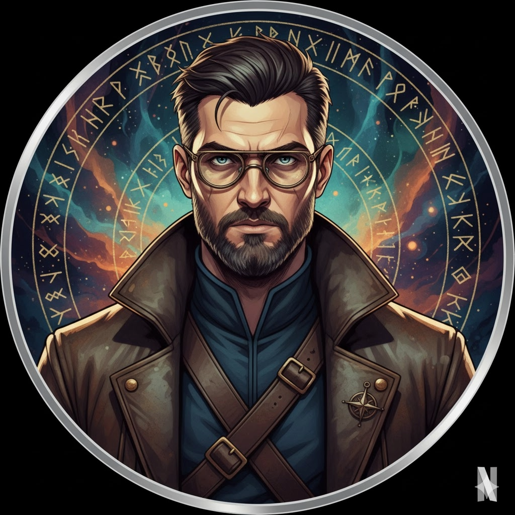 Um enigmático guardião do conhecimento oculto, envolto em símbolos ancestrais e mistérios do universo.