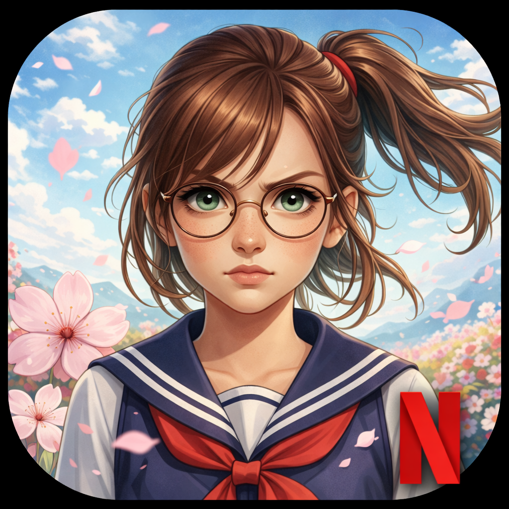 Adolescente com óculos e cabelo preso em rabo de cavalo, usando uniforme escolar, cercada por flores e pétalas sob um céu azul claro.